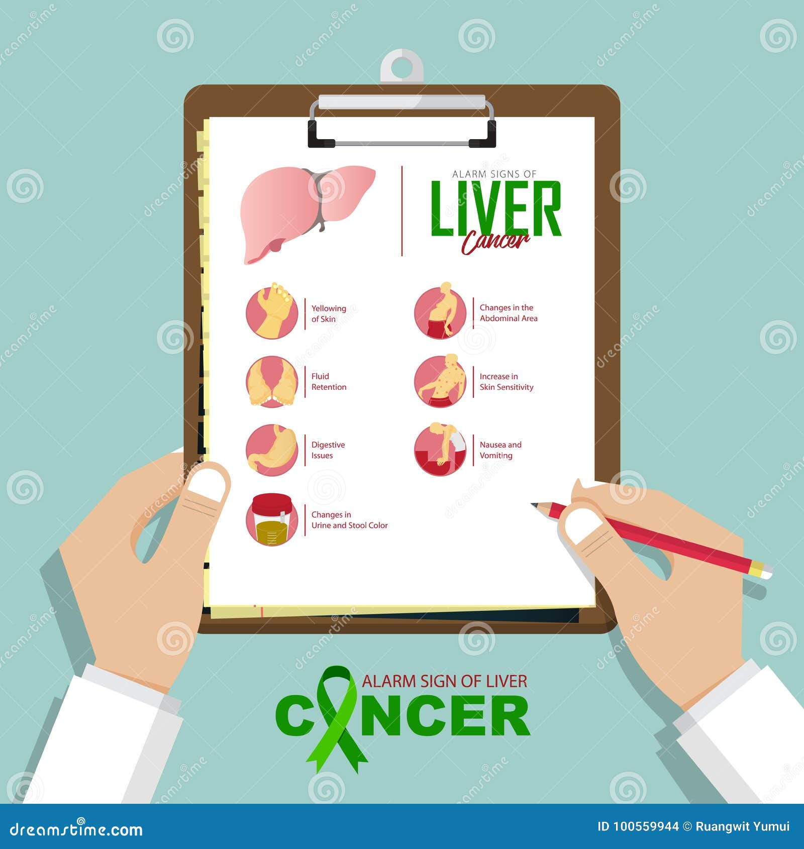 infographic for alarming signs of liver cancer disease in flat . doctorÃ¢â¬â¢s hand holding clipboard. medical and healthcare.